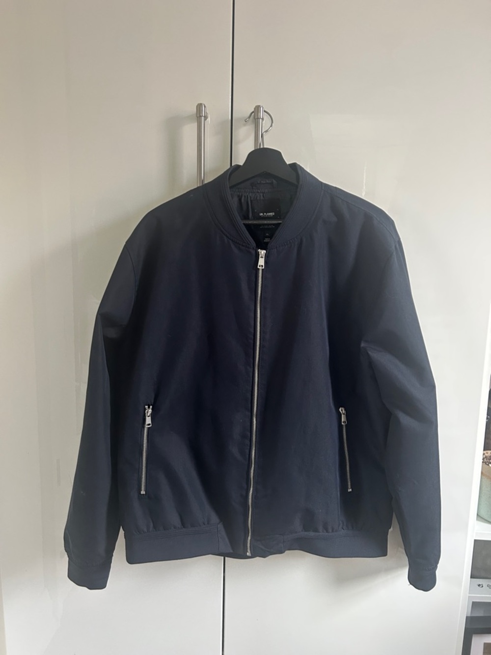 Men's Navy Canvas Bomber Jacket with Zip Pockets